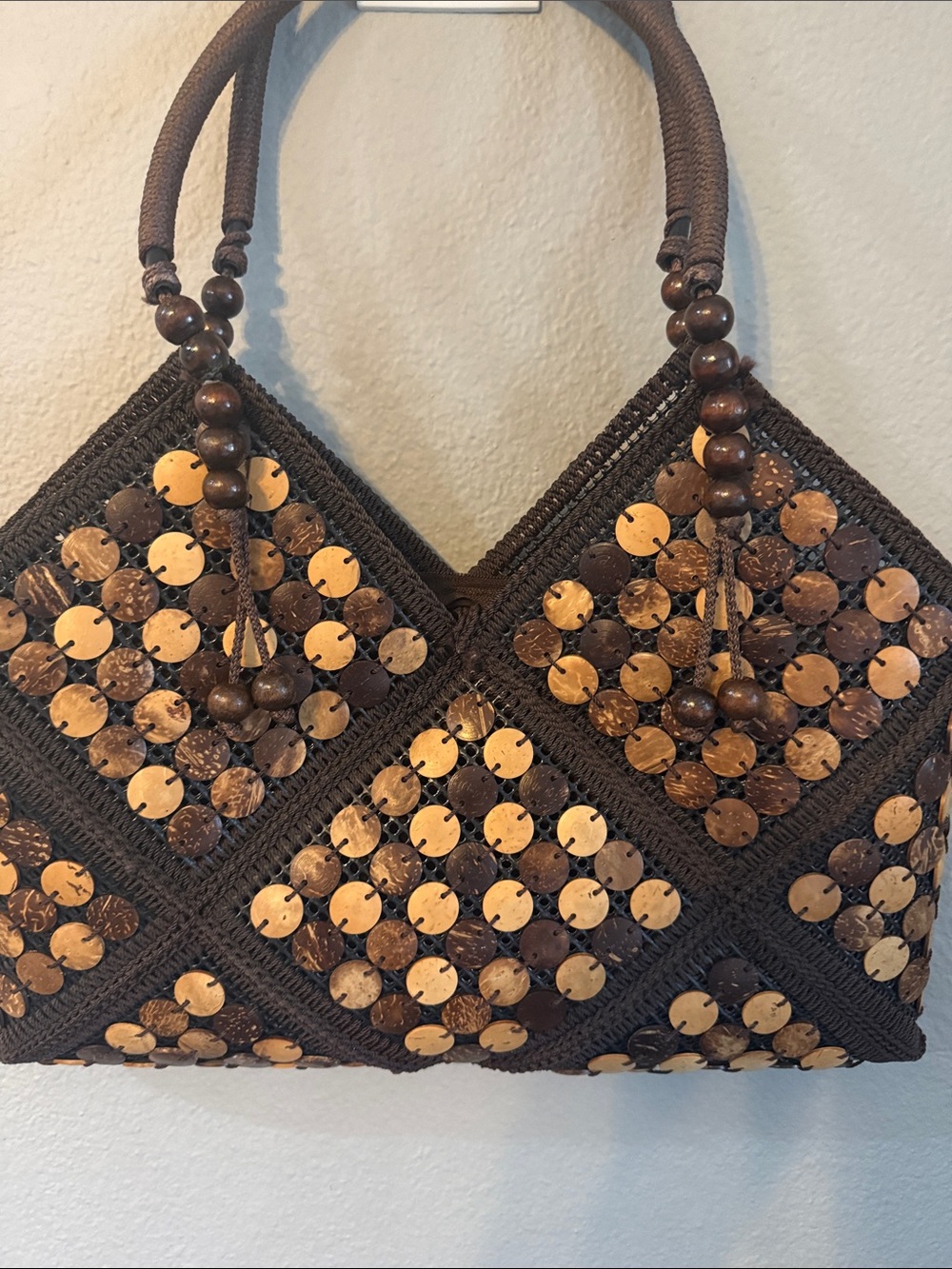 Handmade Boho Coconut Shell Shoulder Bag • Purchased in Thailand
